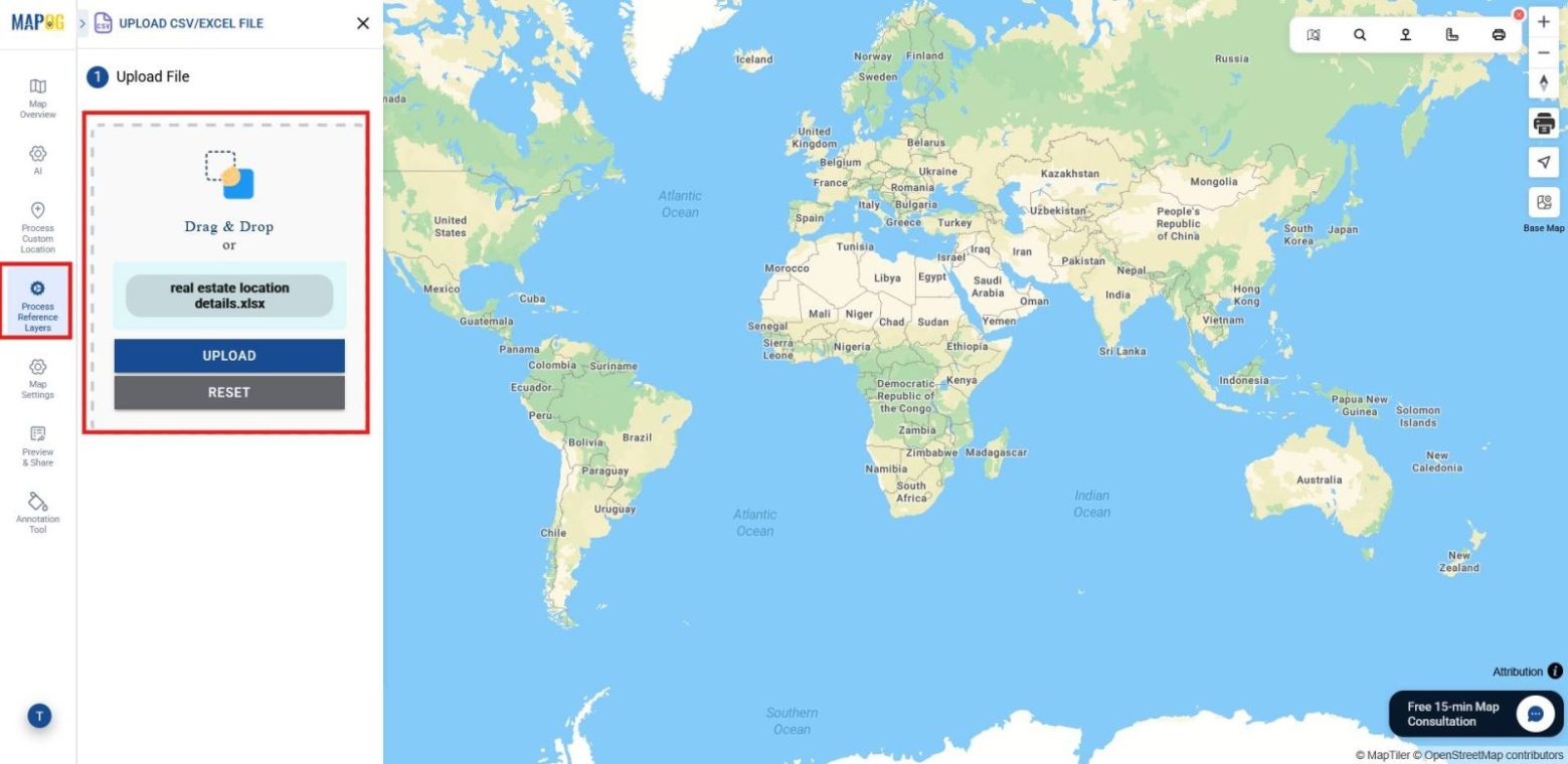 Shows browsing and uploading a CSV file of bulk address data with street, zip, district, and country fields for converting the addresses into map locations.