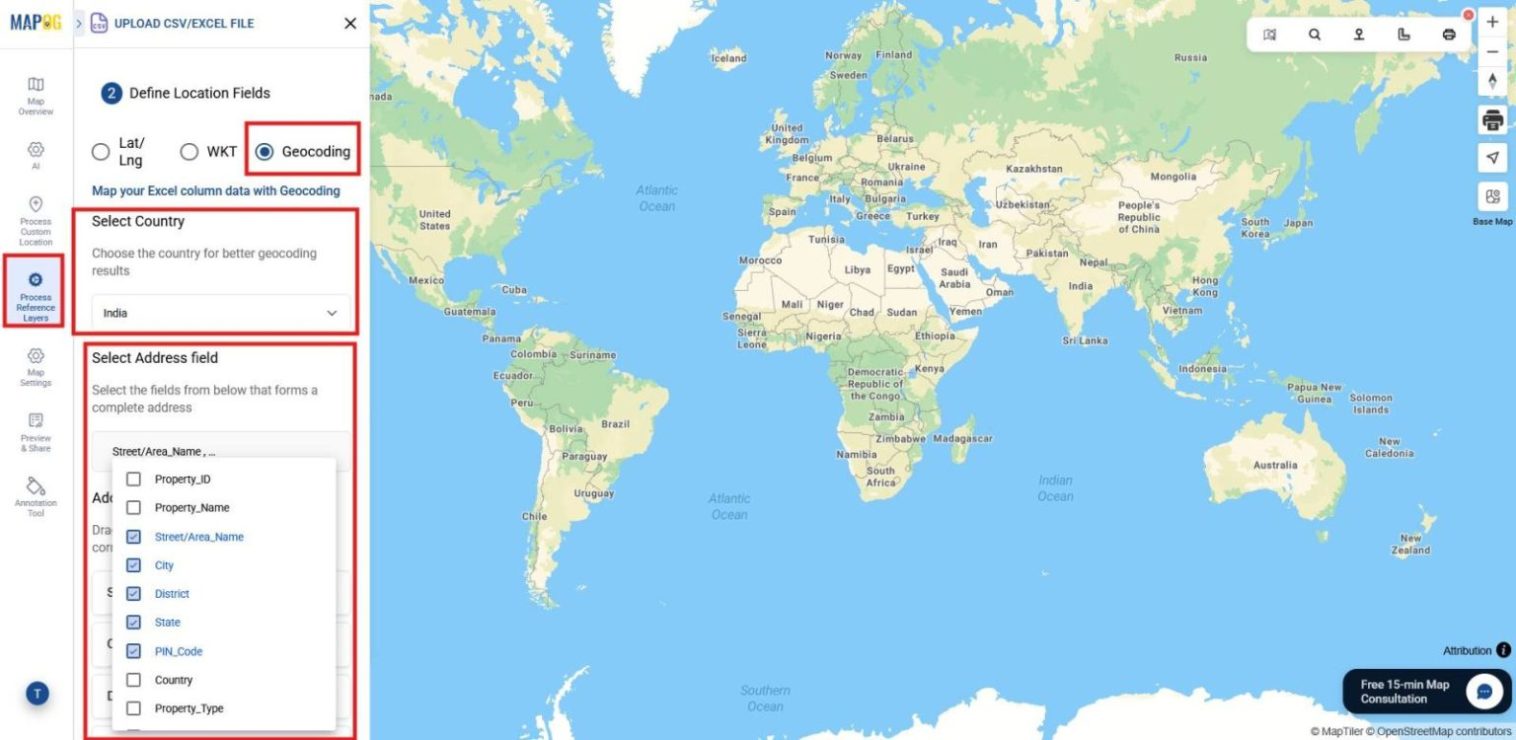 Choosing the geocoding tool  for converting the addresses into map locations, selecting country and address fields for accurate mapping.