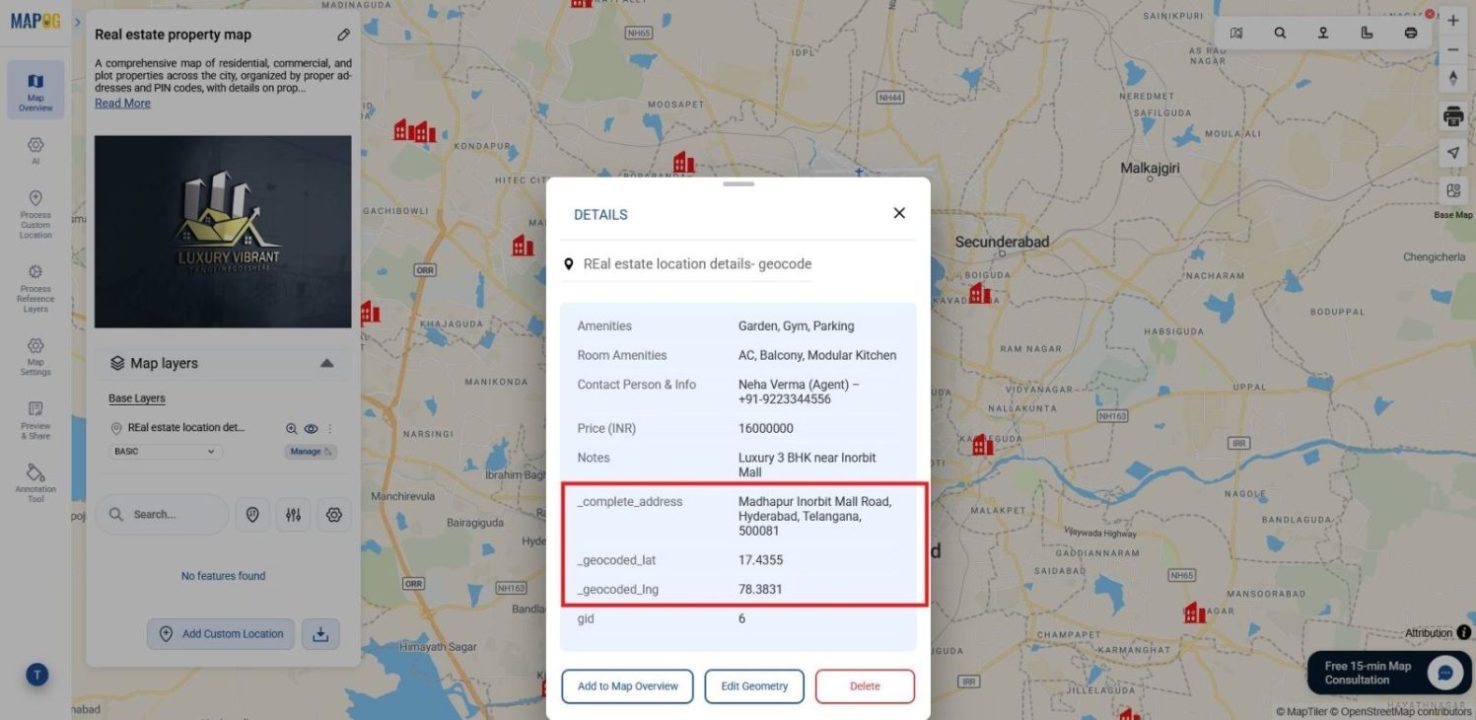 Shows pop‑up, displaying geocoded latitude, longitude, full address details and other location details.