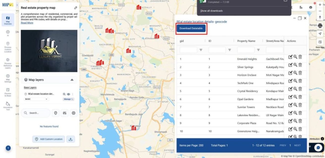 Shows download datatable option with location details for CSV backup after converting the addresses into map locations.