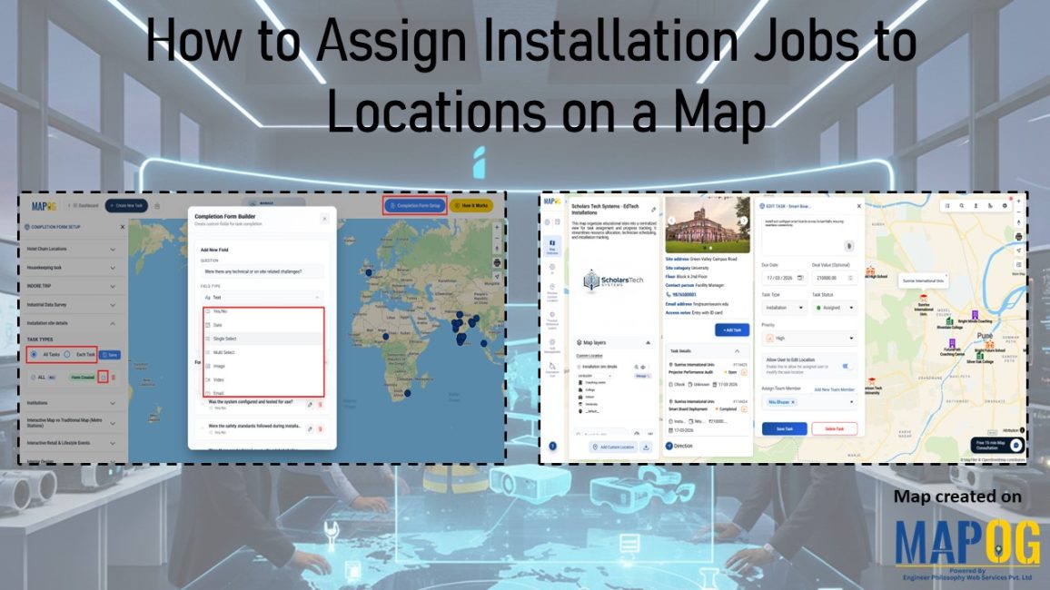 Shows dashboard, task setup panels, and map interface for installation management.