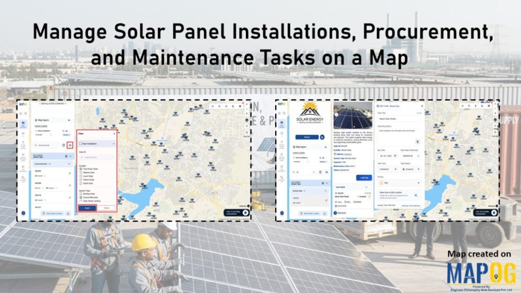 MAPOG platform interface showing solar installation sites on a map with filters and detailed task information for a rooftop solar project.