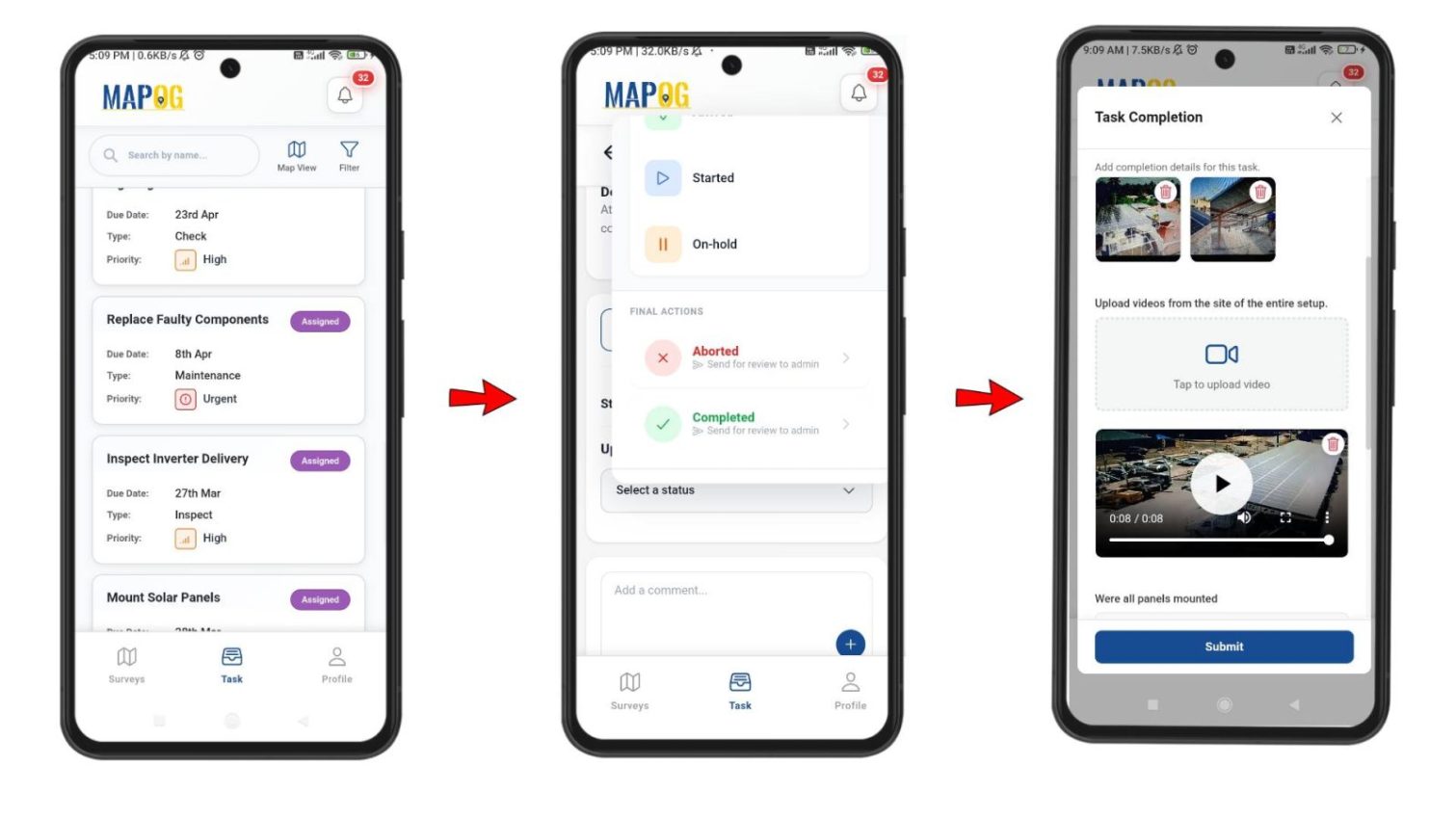Contributor app interface to Manage Solar Panel Installations with task updates and status changes and completion forms.