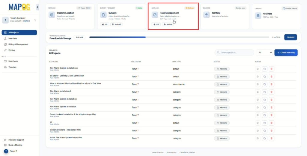 MAPOG dashboard highlighting the Task Management module