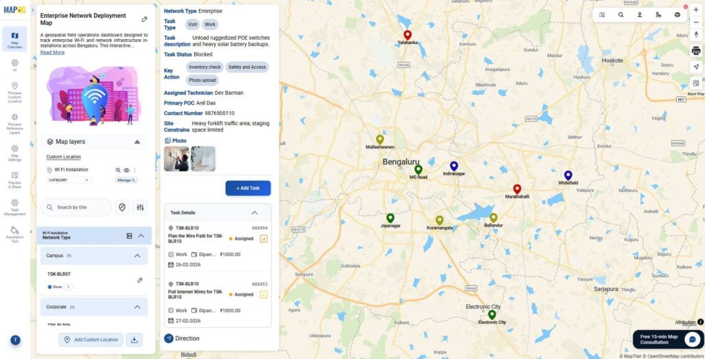 Map showing multiple project locations with task details in MAPOG