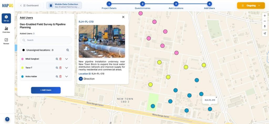 Conduct Builder Field Surveys workflow with pipeline planning points plotted using Mobile Data Collection.