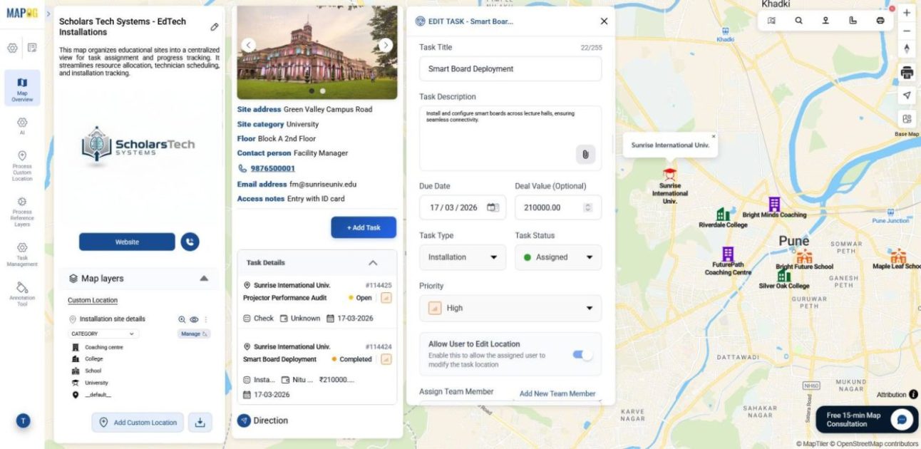 Image displaying site details, mapped institutions and added tasks to assign installation jobs to locations.