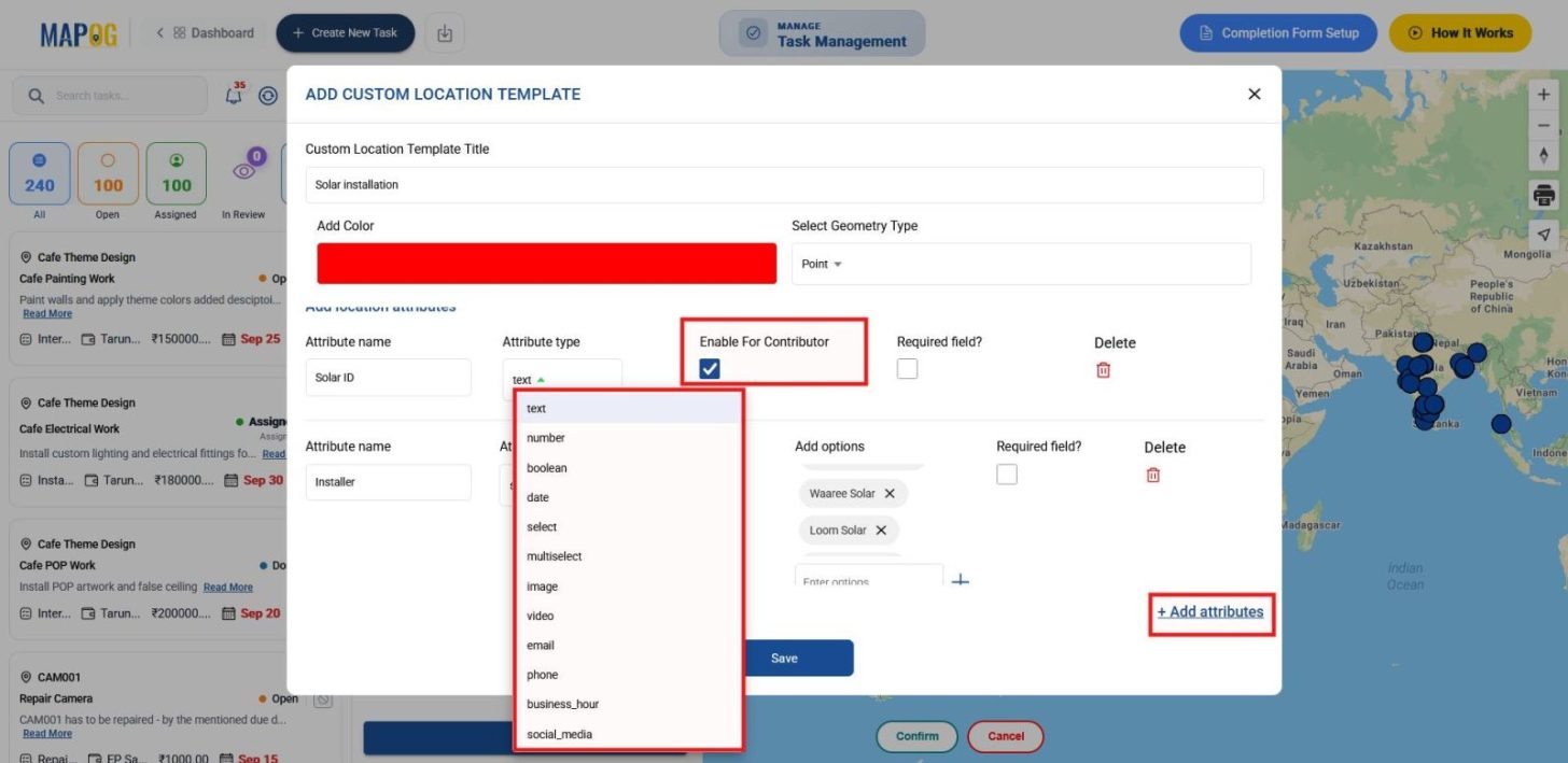 Template creation form to Manage Solar Panel Installations with title, color, point geometry, and attribute fields.