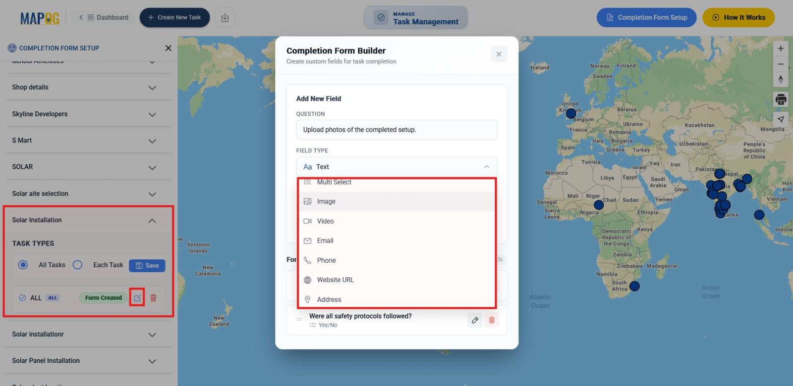 Completion form setup screen to Manage Solar Panel Installations with validation questions before closing tasks.