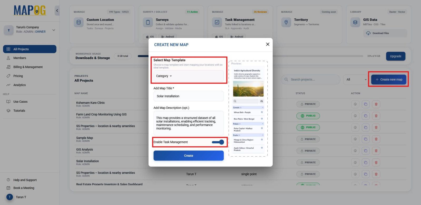Create new map screen with project category, title, and task management enabled.