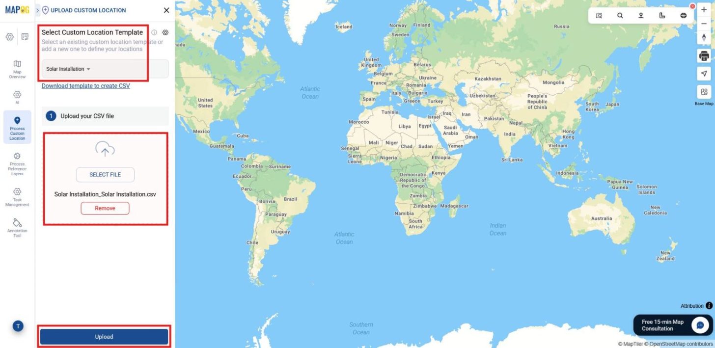 File upload panel showing selection of location template and solar site data file.