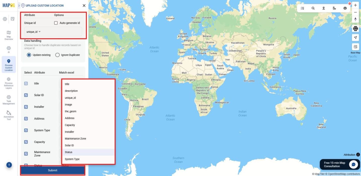 Attribute mapping screen matching Excel columns with location fields and coordinate placement.