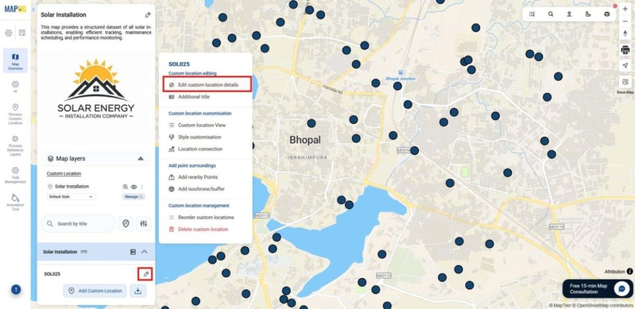Edit custom location panel showing site details being updated for solar installation points.