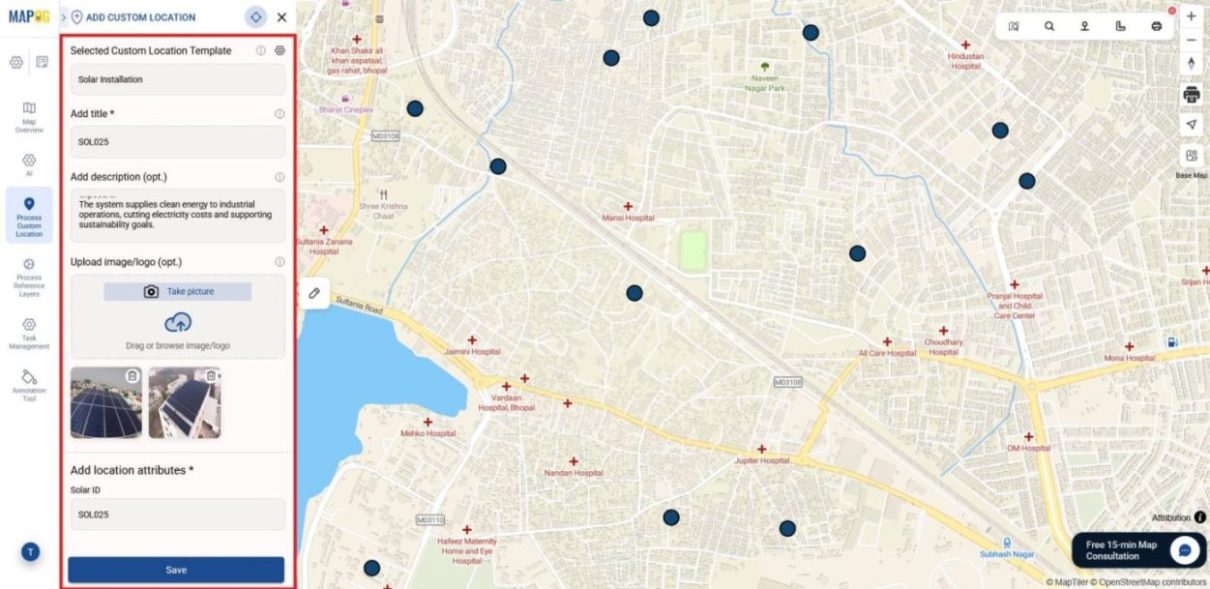 Location edit view showing images and descriptions added to a selected site.