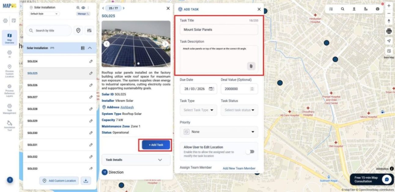 Task creation window to Manage Solar Panel Installations with fields for title, due date, and description.