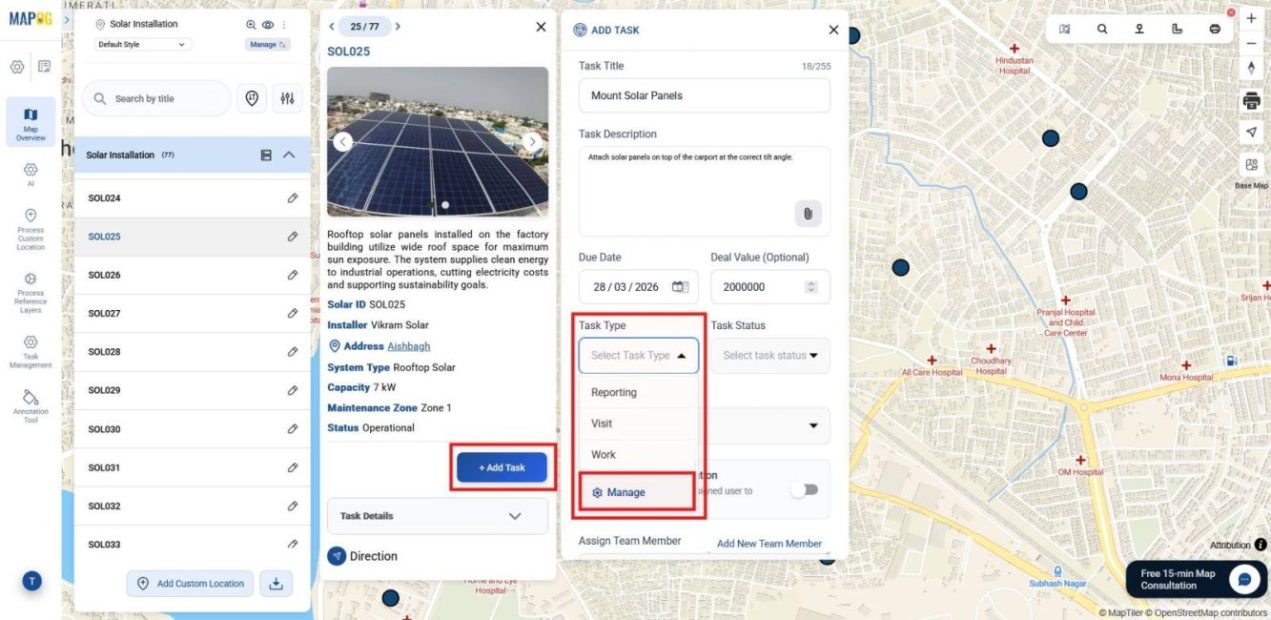 Task type selection dropdown with options like fix, change, or others.