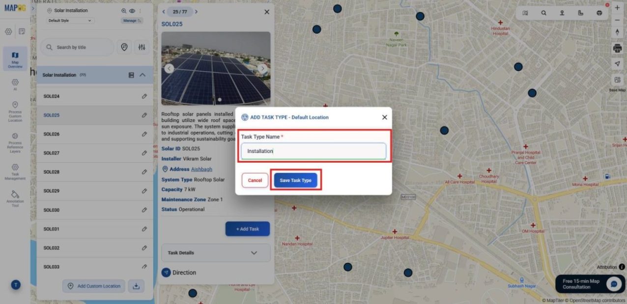 Custom task type creation panel adding installation, delivery check, and maintenance tasks.
