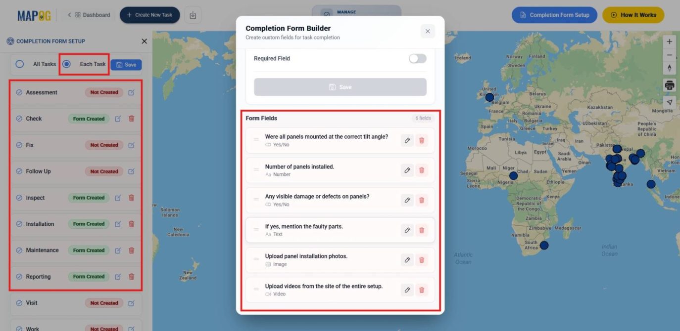 Completion form setup for custom tasks with checkpoints and reporting fields.