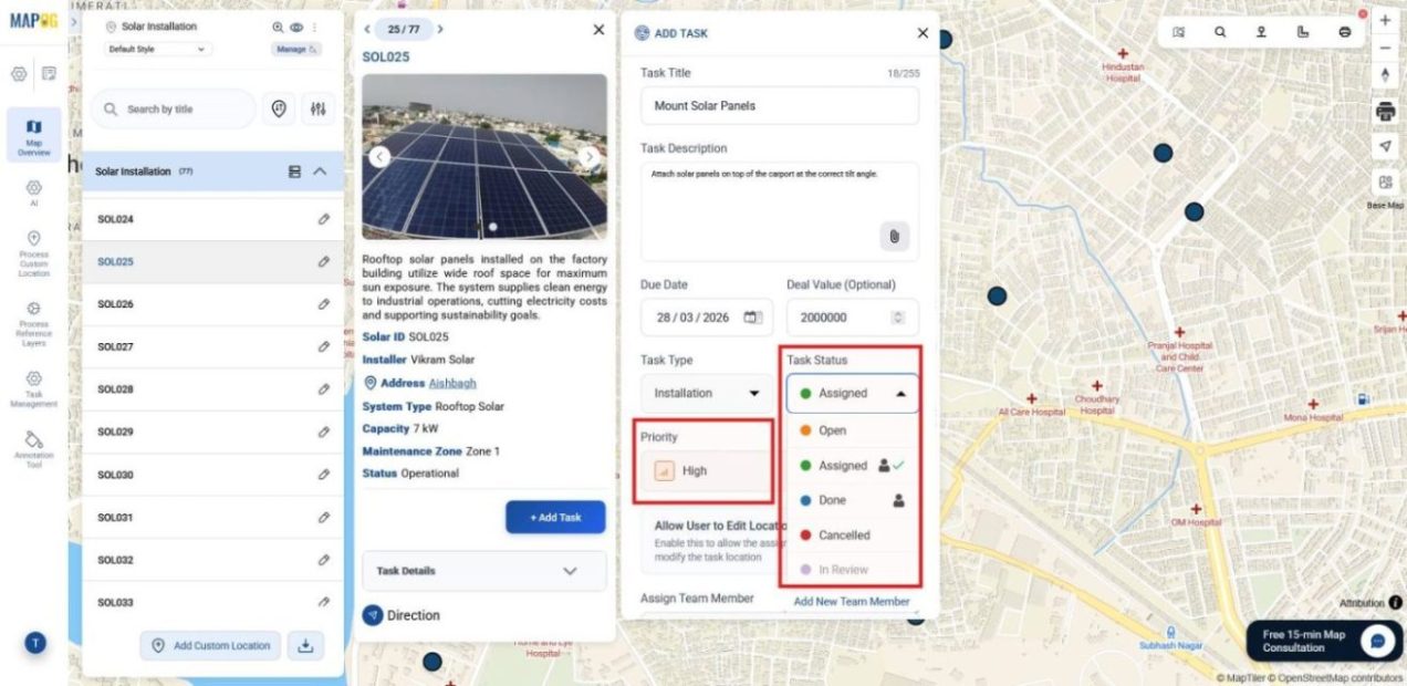 Task status and priority selection panel showing open, assigned, and urgency levels.