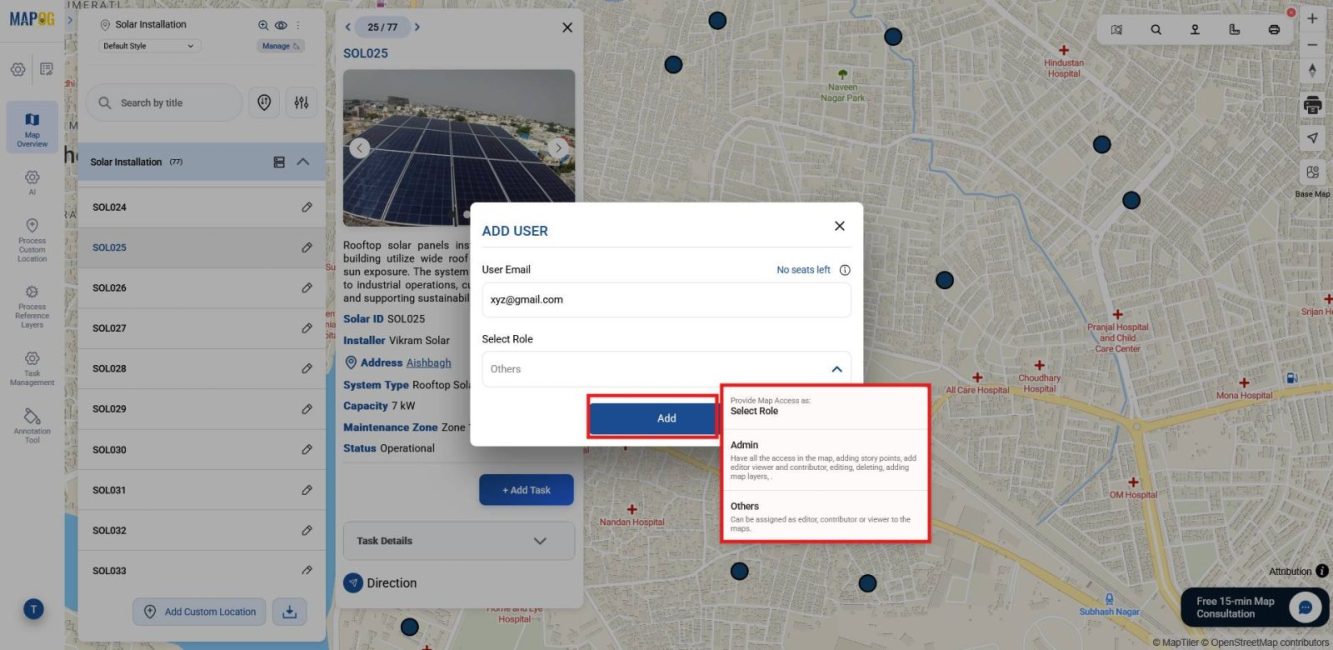Team member addition screen to Manage Solar Panel Installations with role assignment options.