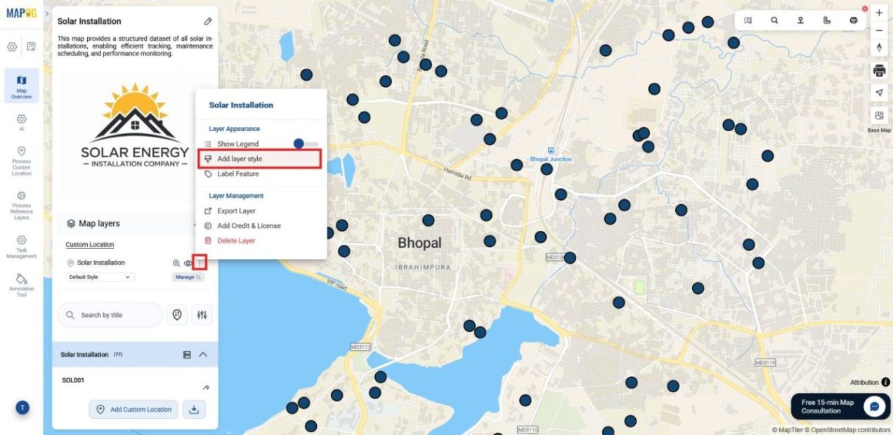 Map layers panel to Manage Solar Panel Installations using category-based styling and icons.