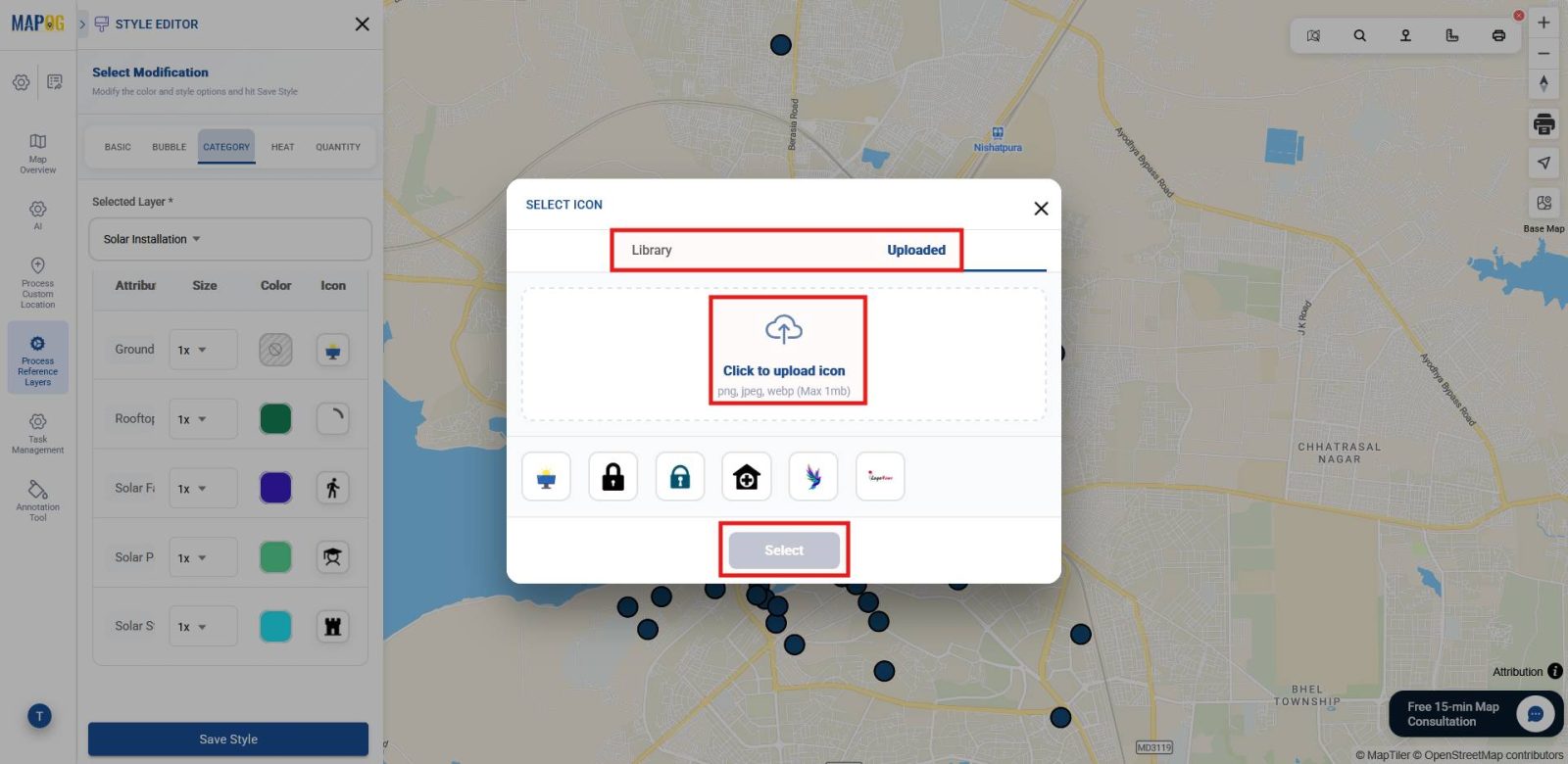 Category styling options with attribute selection and custom symbol icon settings.