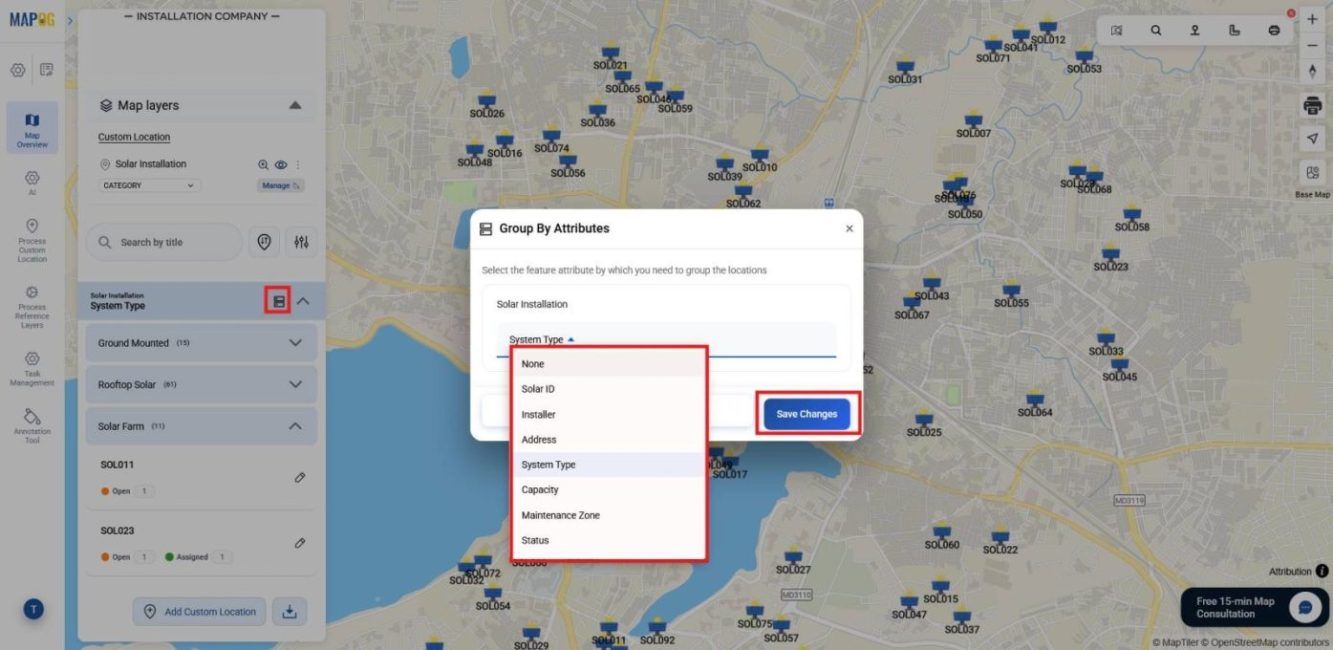 Group by attributes panel organizing locations by installer or project type.