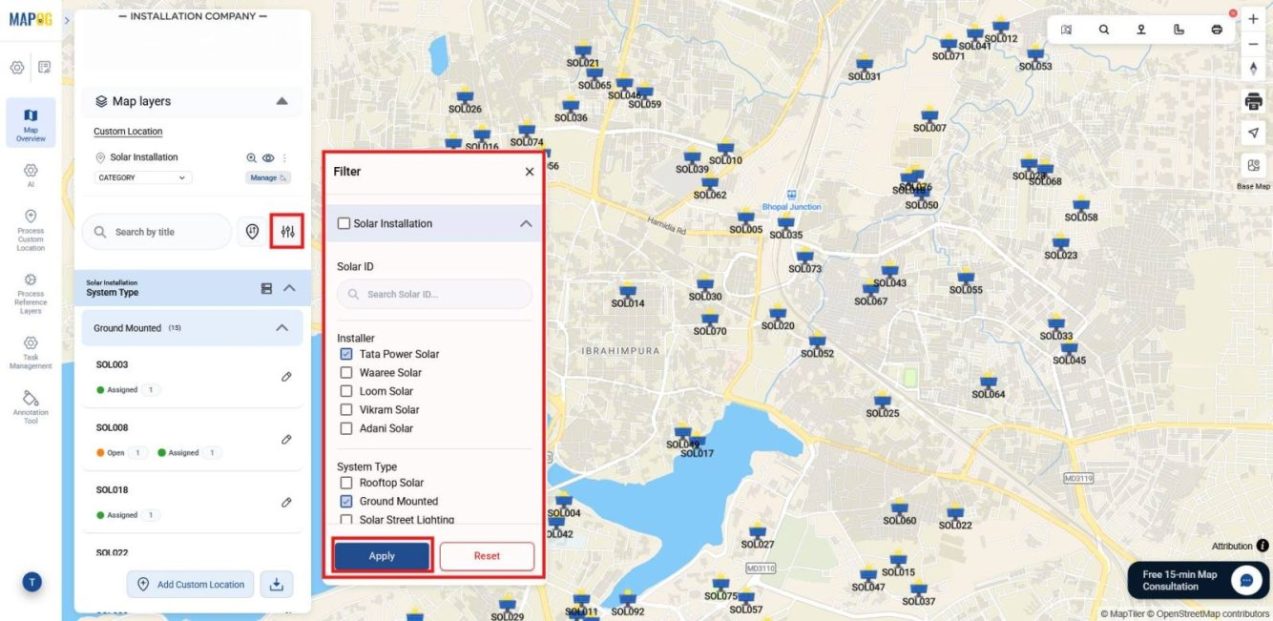 Filter tool displaying selected attributes like site category, address, or client name.