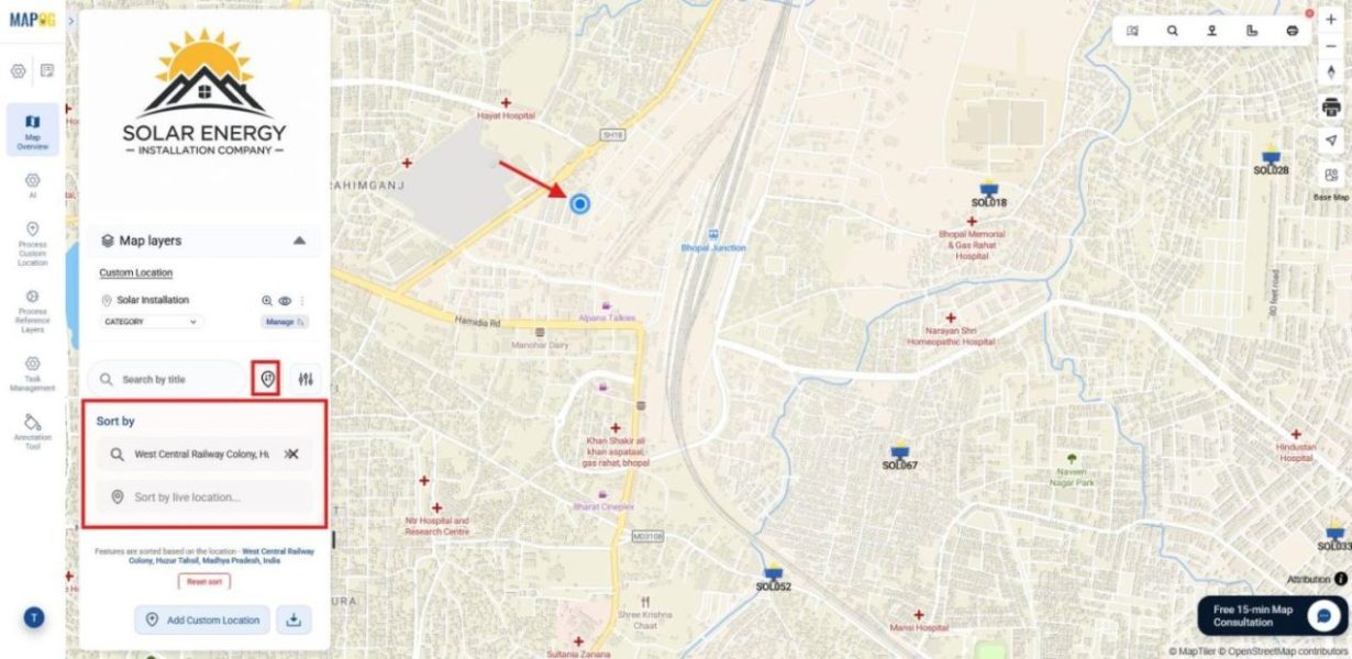 Sorting tool arranging locations by name or live distance for planning visits.