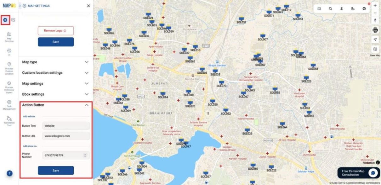 Map settings panel showing action button options with links and contact details.