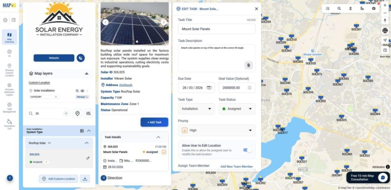 Dashboard displaying the final view of a rooftop solar installation task with editable details and site map.