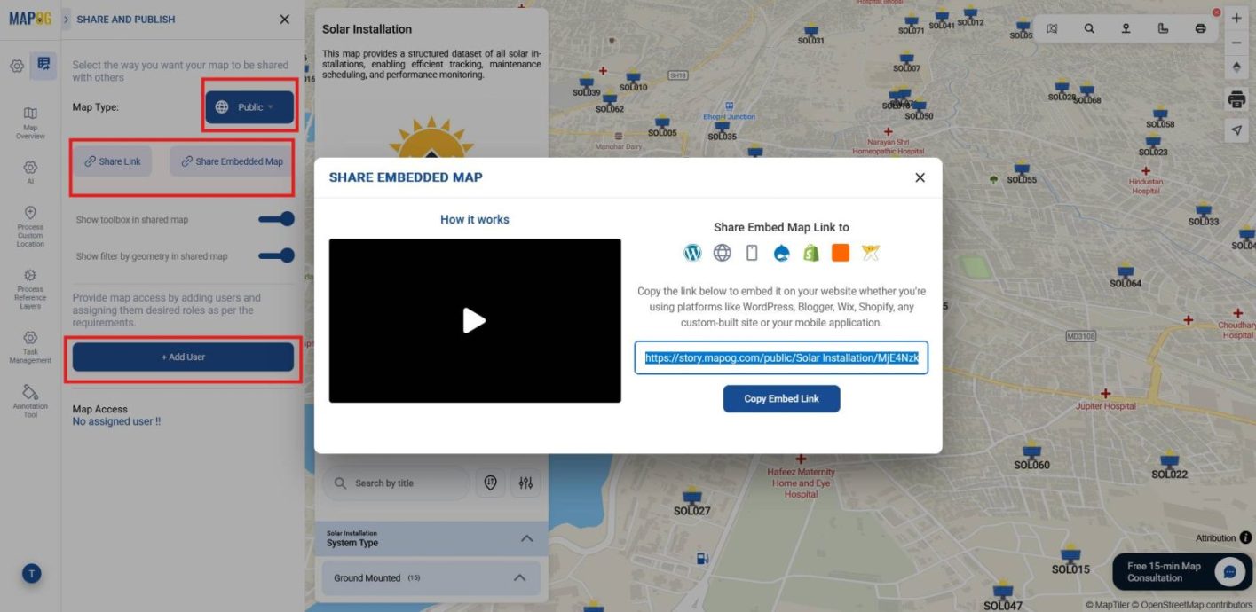 Preview and share screen to Manage Solar Panel Installations with user roles and access settings.