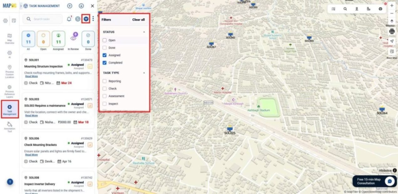 Dashboard view showing tasks filtered by status, type, and assigned team members.