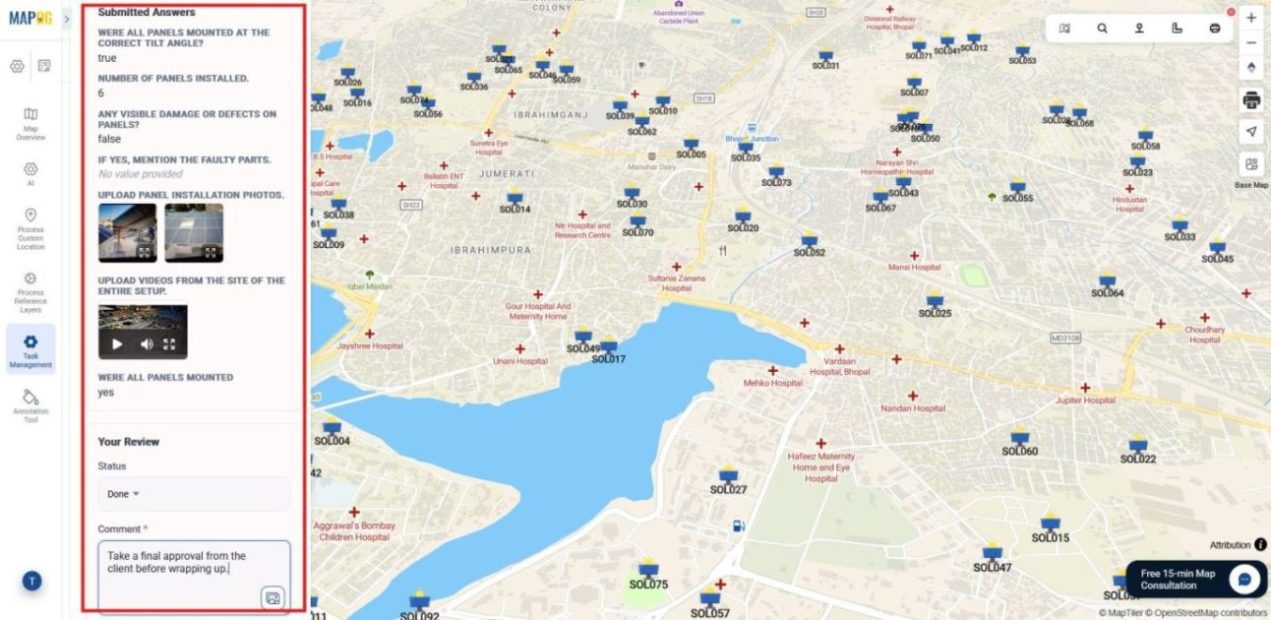 Task completion review screen with submitted images, comments, and updated statuses.