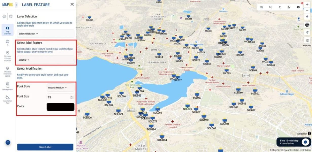 Label feature settings showing attribute-based labels with font, color and size customization.