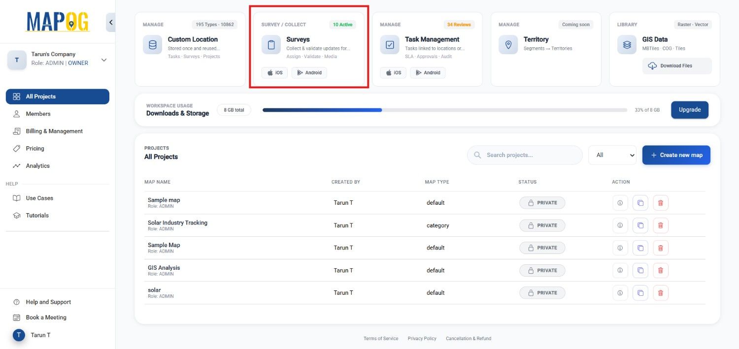 opening mapog dashboard survey section