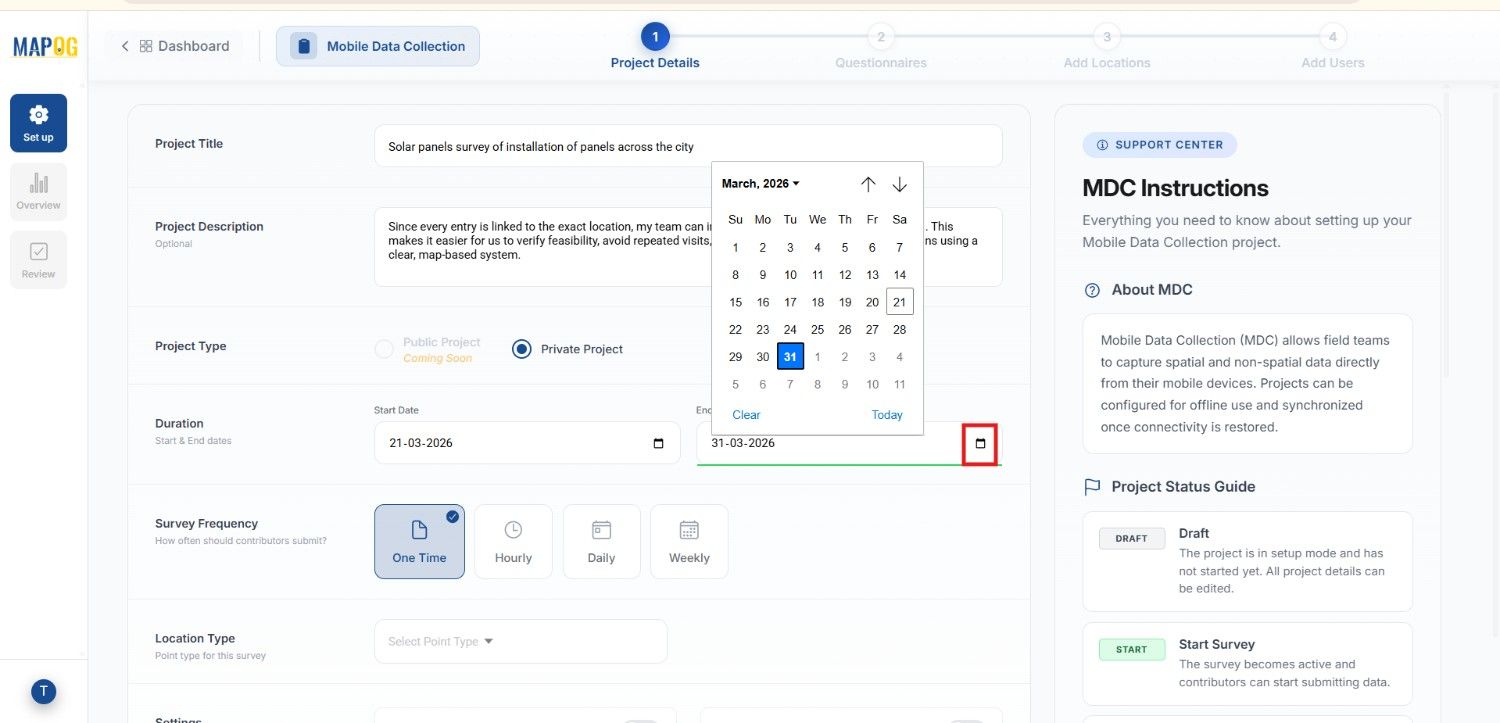 write description , tittle and  select the date for survey 