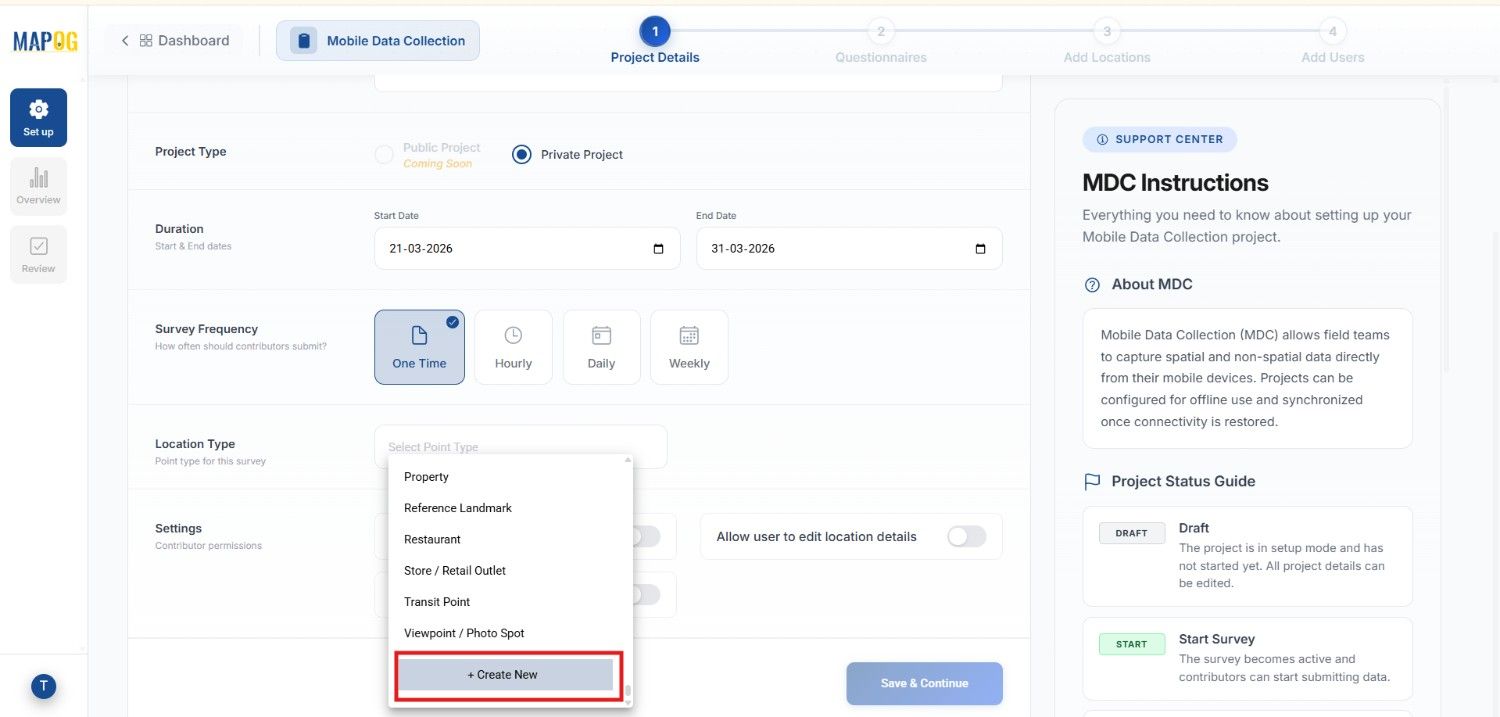 create new location type by clicking create new