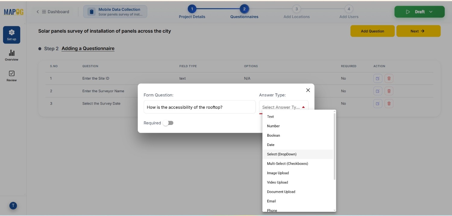 creating survey form with different answer type