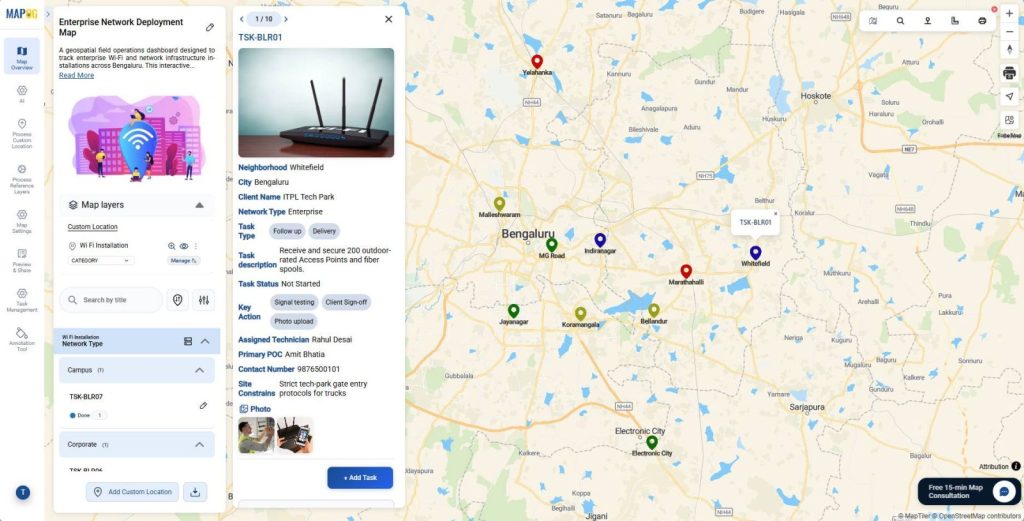 Final dashboard showing location pins after Record Service Completion Details Location-Wise