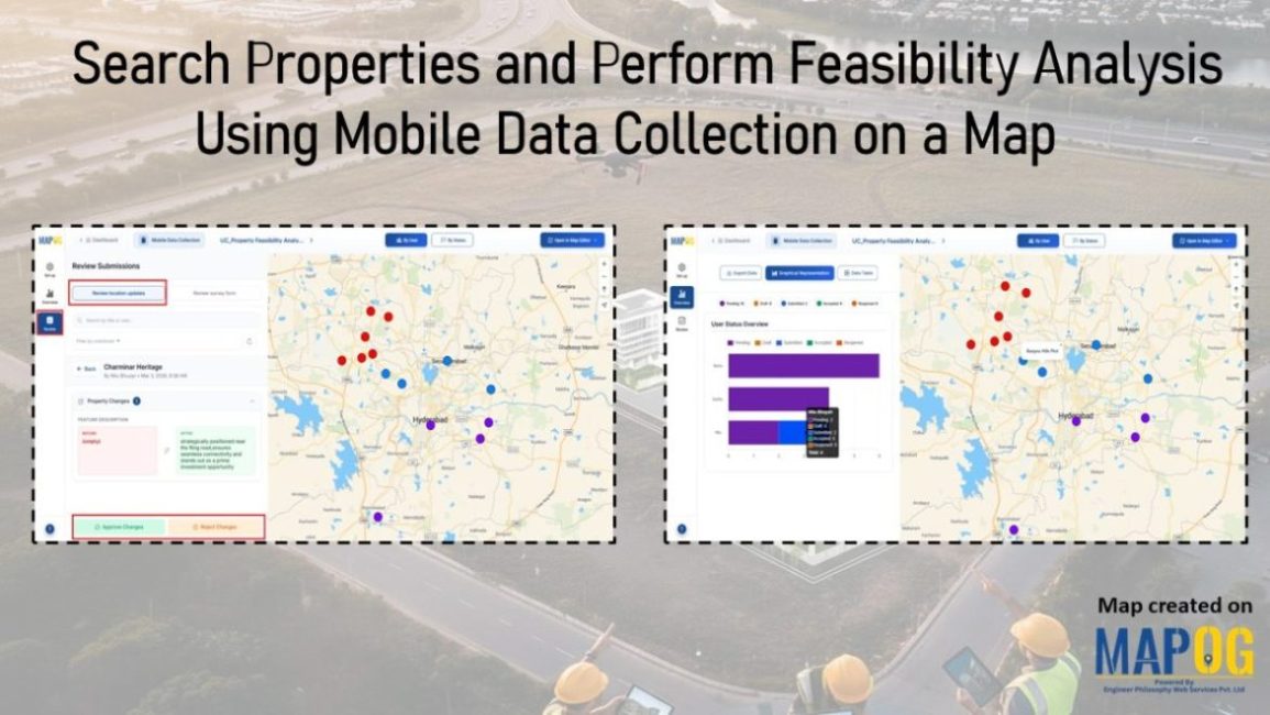 Interface showing location updates and user status dashboards with plotted points to search properties and perform feasibility using mobile data collection.