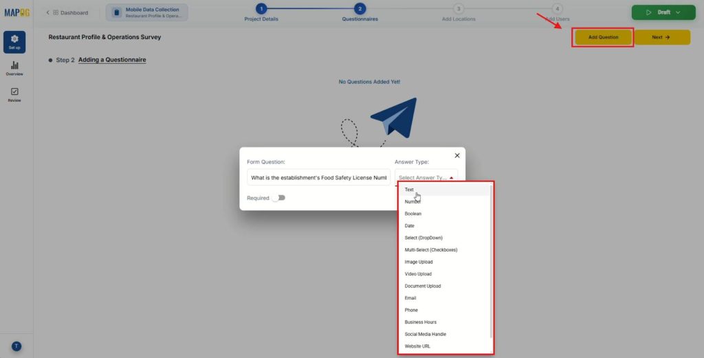 Adding inspection questions in survey form builder