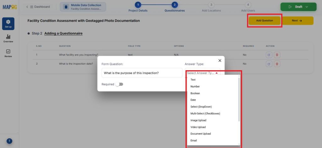 Add questions to capture inspection photos and notes from field