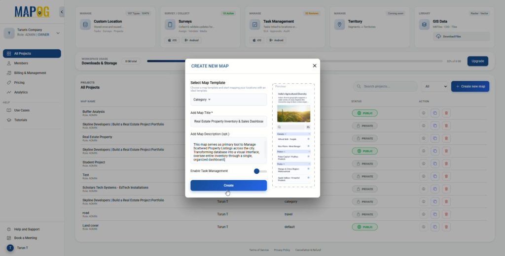 Creating a new map in MAPOG dashboard