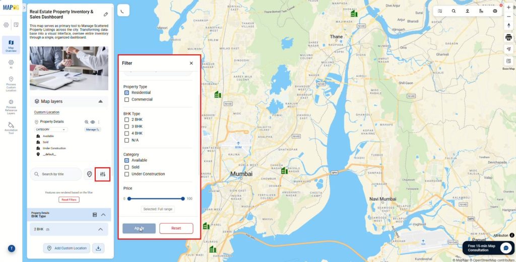 Filtering scattered property listings by type and price