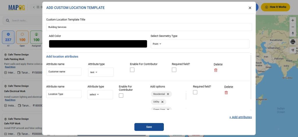 Custom location template for manage builder tasks map