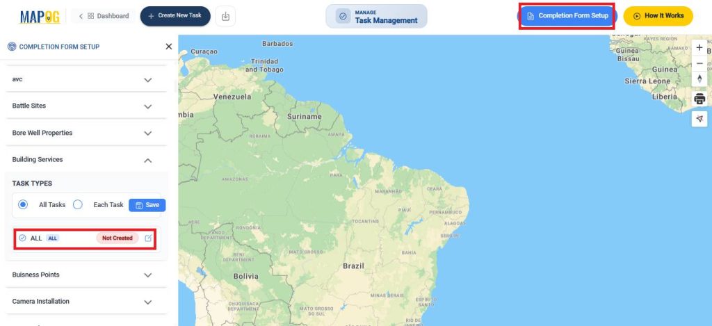 Completion form setup for manage builder tasks map