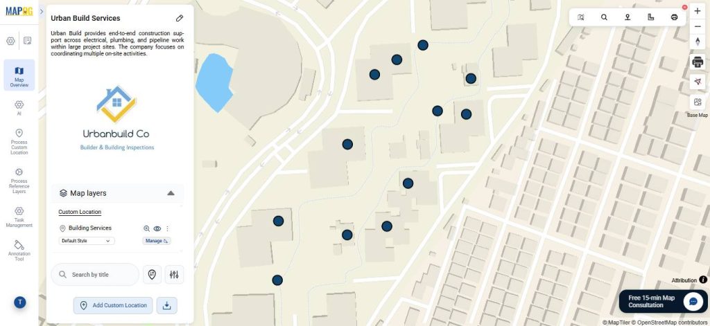 Points plotted on the manage builder tasks map