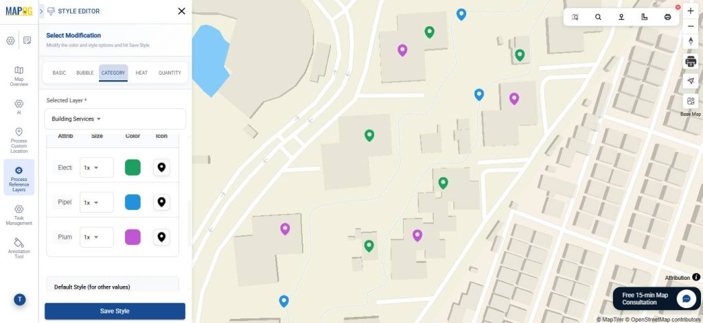 Categorise the points with different colours