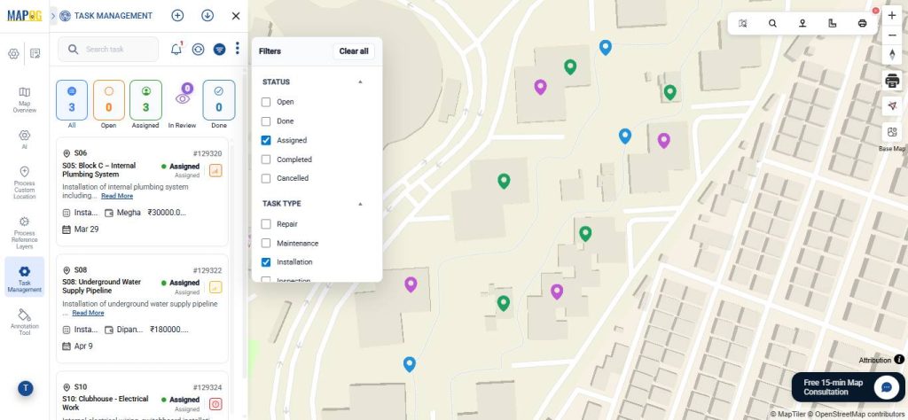 Use filters to monitor tasks in manage builder tasks map